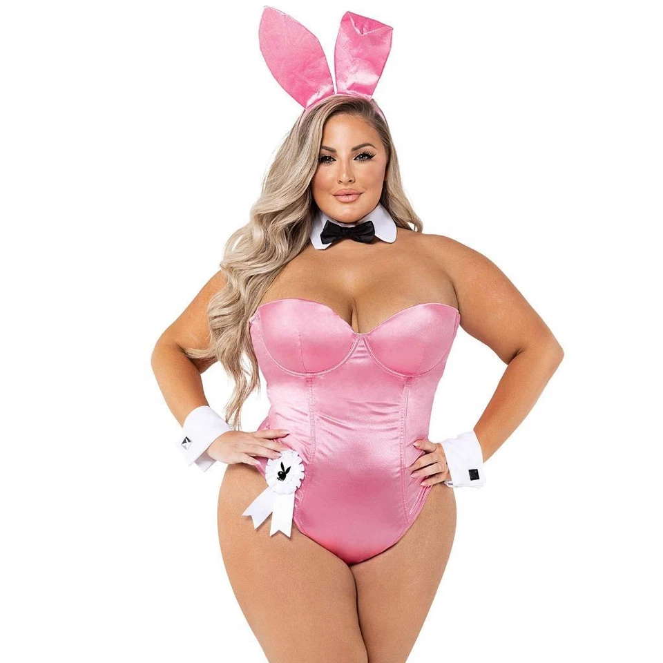 Conjunto de Disfraz de Conejito Playboy Body Orejas Cola Puños Pajarita Rosa PB127 Foto 4 de 4
