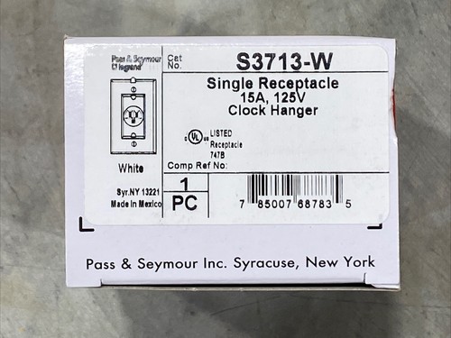 Pass & Seymour S3713-W Single White Receptacle 15A 125V Clock Hanger Outlet NEW - Picture 2 of 6