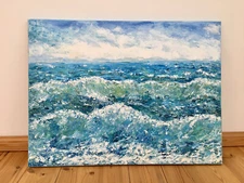 Blue Sea Impasto Oil Painting On Canvas Original Signed Waves Seascape Artwork