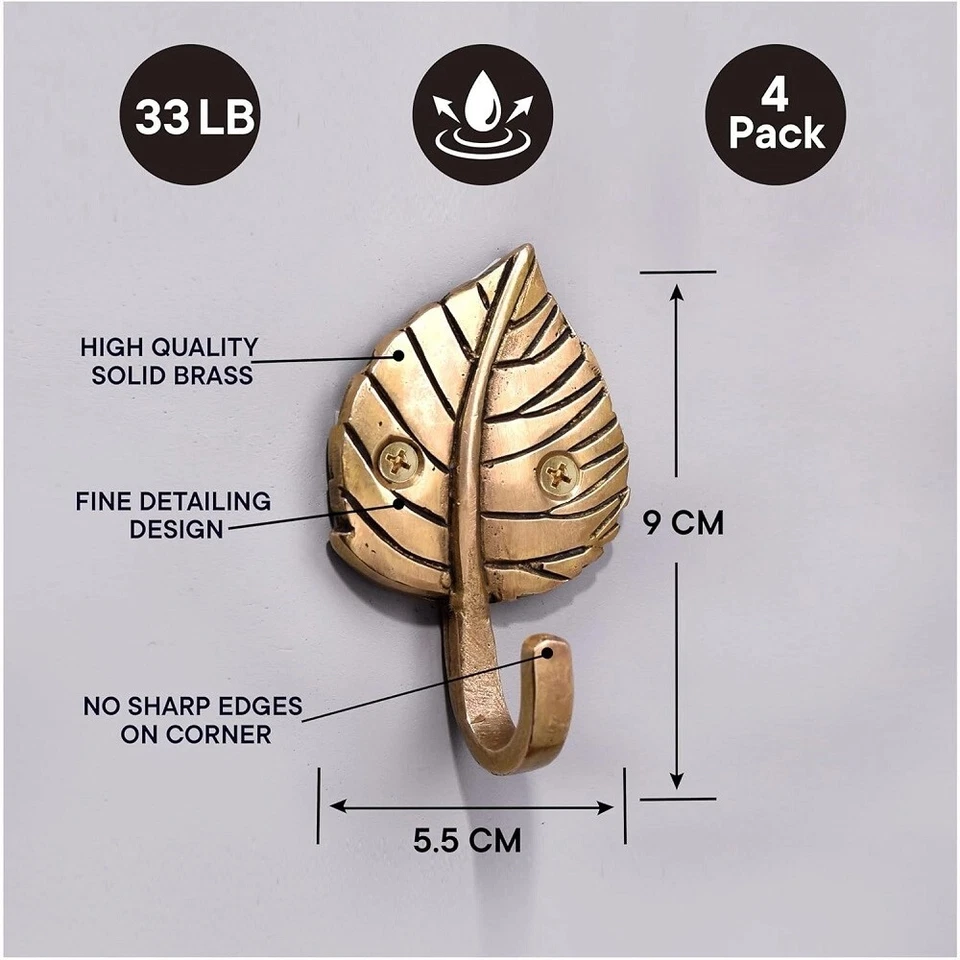 4 Pezzi Di Ottone Gancio A Foglia Singola Per Muro Porta Abiti Cappelli Chiavi - Immagine 3 di 4