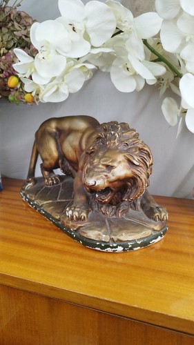 Large Sculpture Zoomorphic Of Lion Roaring Plaster Polychrome Antique - Picture 6 of 12