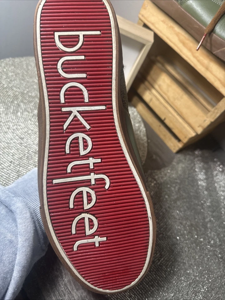 BucketFeet FireStein Khaki Green Leather Print Canvas Mid-Top Sneakers 13/46 EUC - Image 4 of 4