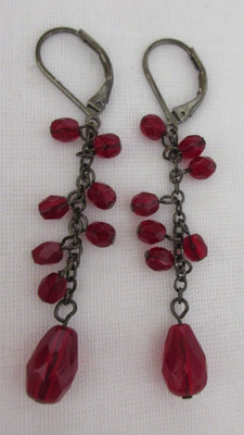 Vintage Dark Metal Red Glass Bead Dangle Lever Back Pierced Earrings