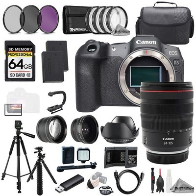 Canon EOS R8 + RF 24-105mm f/4L IS USM Lens+64GB+ExtBat+9PCFltr-MEGAKit