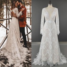 Long Sleeves Boho Floral Lace V Neck Outdoor Wedding Dress Pearls Bridal Gown