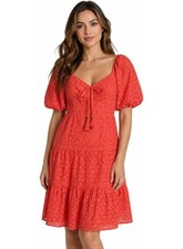 Vince Camuto Womens V-Neck Short-Puff-Sleeve Eyelet Dress 12 Poppy - NWT $168