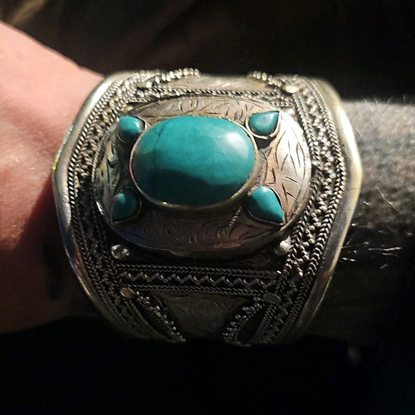 Southwestern Silver Cuff Bracelet With Oval Turquoise Stone