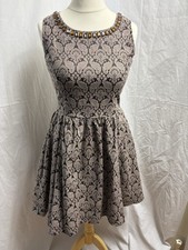 GéD London Jacquard Skater Dress UK 10 –Damask Pattern, Gem Embellished Neckline