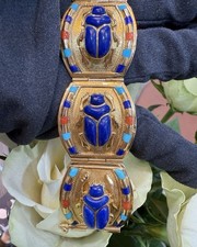Vintage 18ct yellow Gold Beetle Tutanankamun lapis Turquoise and coral bracelet