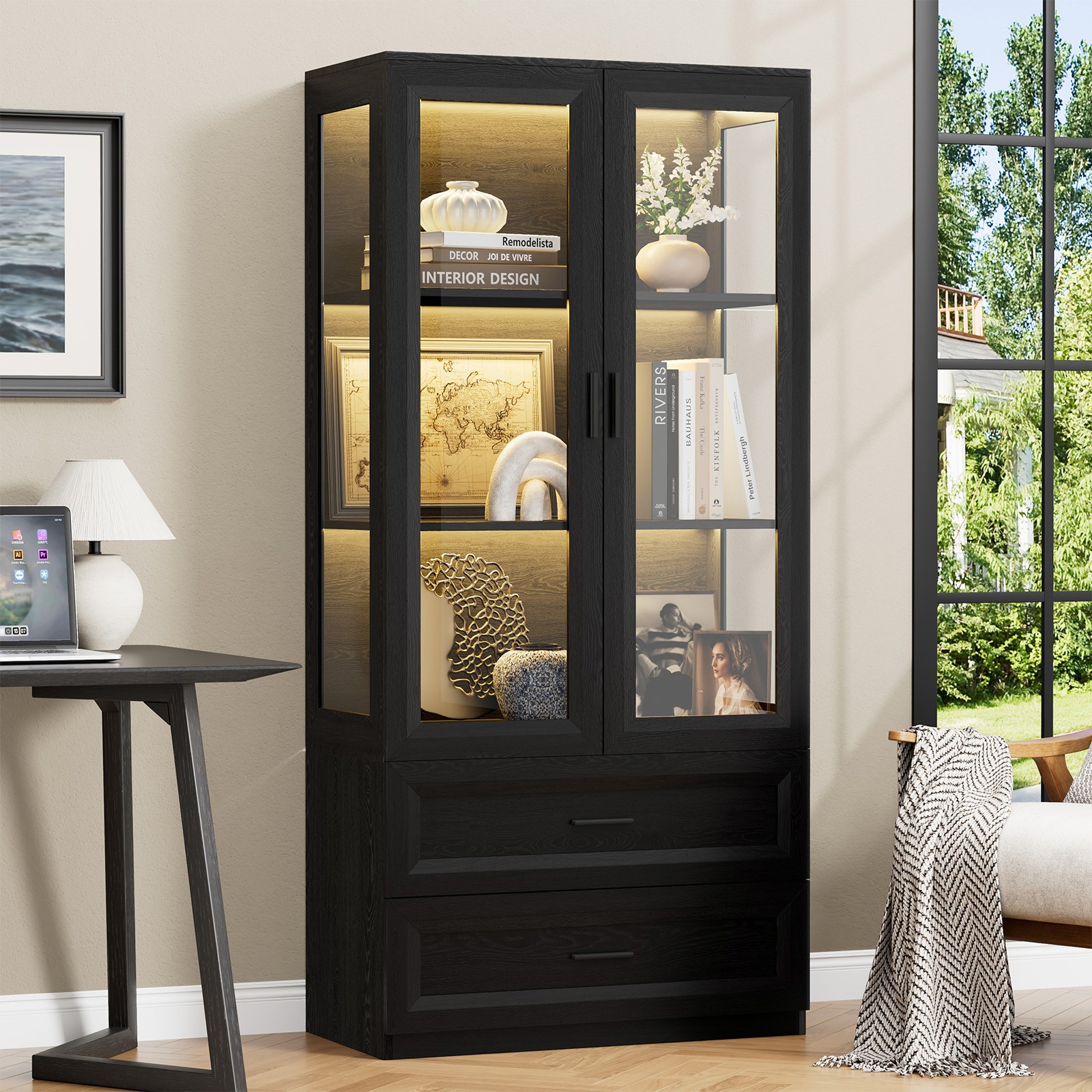 Display Cabinet Storage Cabinet Bookcase with Drawers, Doors