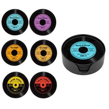 Record Design Glass Drink Coasters Set of 6 In Holder All Different Colours