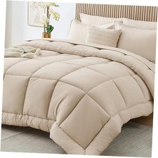 Comforter Set 7 Pieces Bed in a Bag Complete Bedding Set Includes Queen Beige