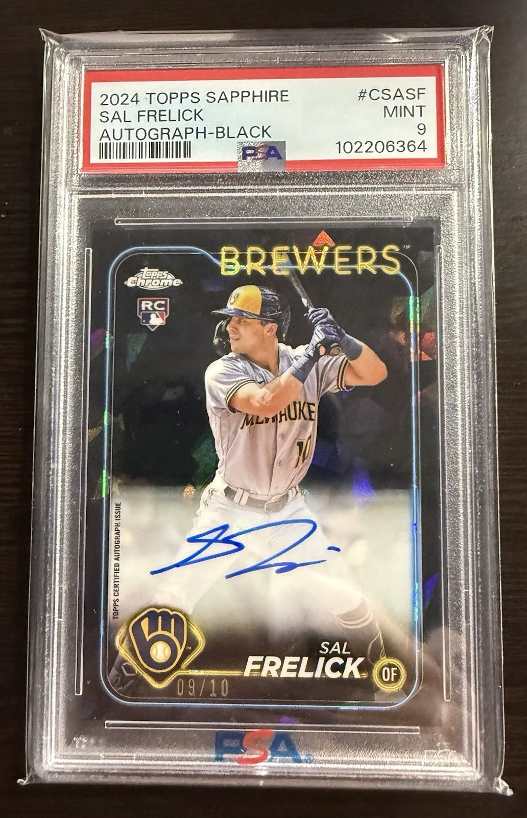 Topps 2024 Chrome Sapphire Sal Frelick Autograph Black /10 Rookie PSA 9 Brewers