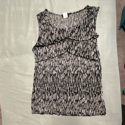 Ashley J Sleeveless Petite medium Beaded  Blouse Black White Geometric Pattern  