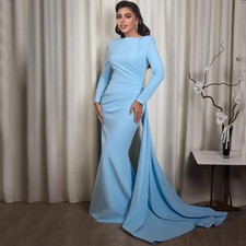 Sky Blue Mermaid Evening Dress Scoop Neck Long Sleeves Floor Length Pleat Gowns