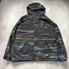 Mens North Face Ski Jacket XL Black Blue Yellow Striped Hooded Tech Pattern Snow