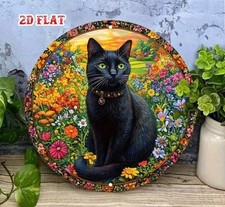 2D Flat Black Cat Garden Round Aluminum Sign Floral Metal Tin Wall Decor 7.87"