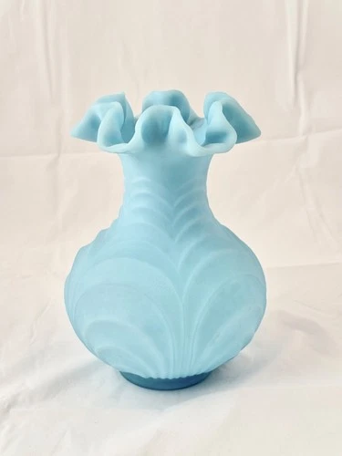 FENTON Baby Blue Satin Finish Glass Drape Design Ruffle Top 8” Vase VTG SEE PICS