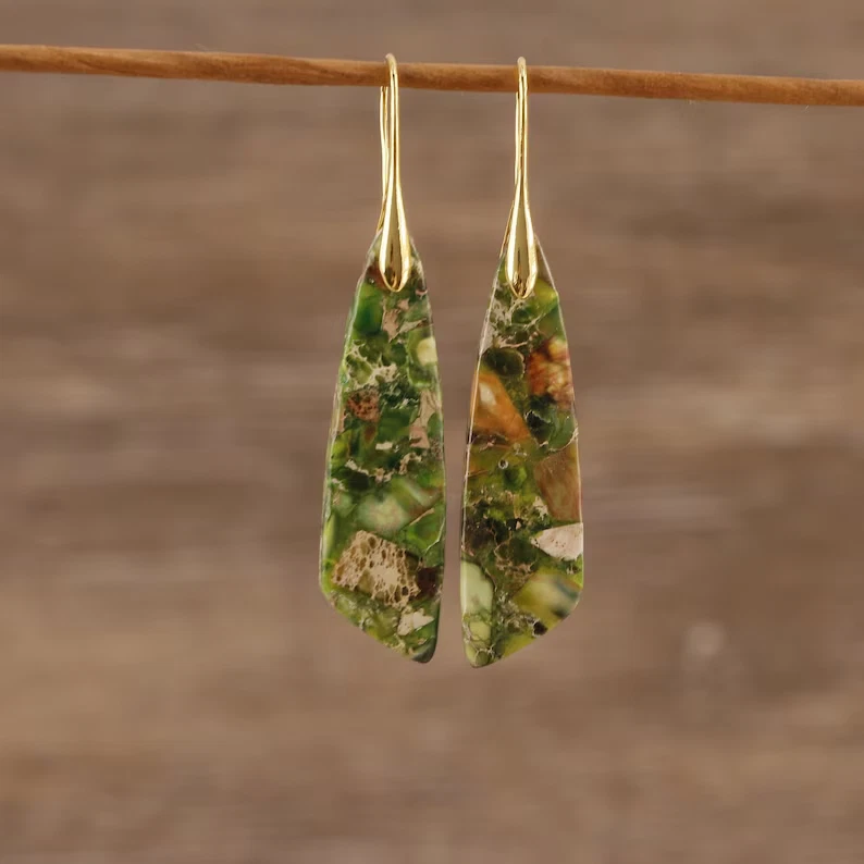 Green Sea Sediment Jasper Stone Dangle Earrings Natural Gemstone Drop Earrings - Image 4 of 4