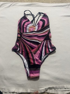 Emilio Pucci Geometric Strappy Backless One Piece Swimsuit Pink Black Size M