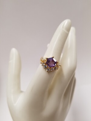 Gold Tone Amethyst Marquise Stacked Crown Ring Size 6