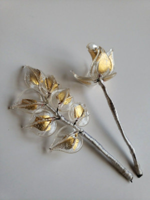Murano 1 Rose and 1 Branch Gold Specks Handmade In Italy Authentic Lot Of 2