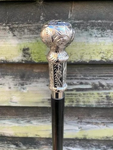 Vintage Antique Walking Cane Wooden Walking Stick Silver Brass Handle Knob Gift - Picture 2 of 5