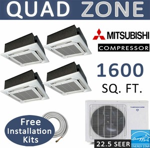 Details About Quad Ductless Mini Split Air Conditioner 9000 X 4 Ceiling Cassettes 15ft Kits