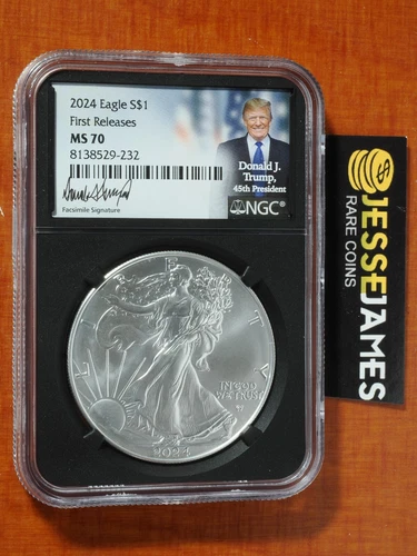 2024 $1 AMERICAN SILVER EAGLE NGC MS70 FR DONALD J. TRUMP FACSIMILE LABEL