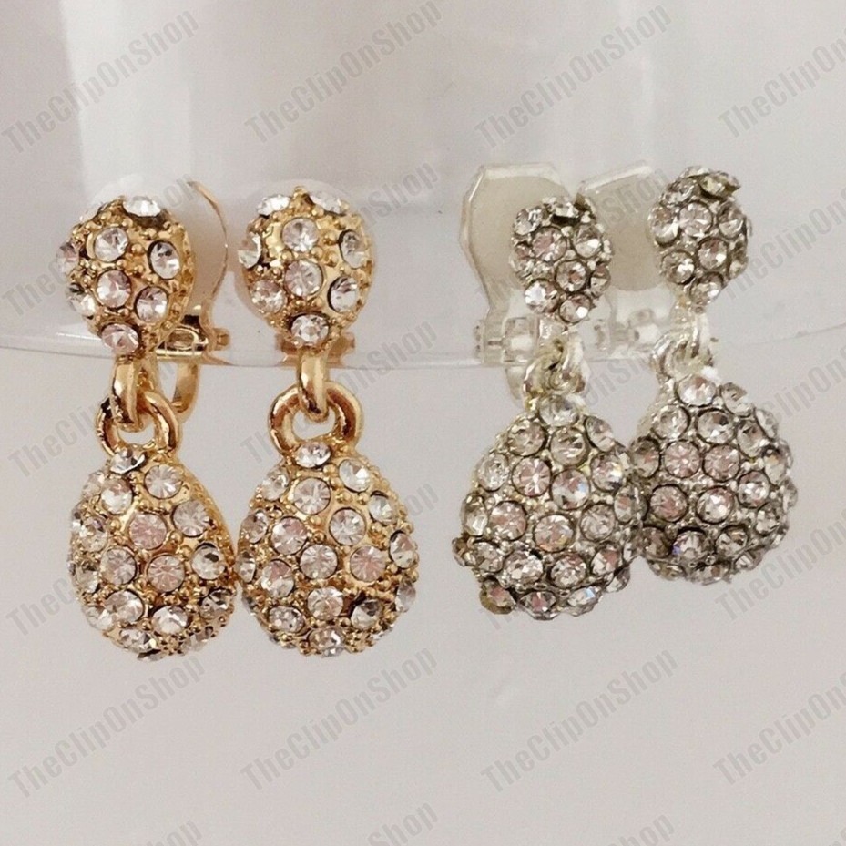 CLIP ON Sparkly Crystal Gold Silver Rhinestone Drop Earrings