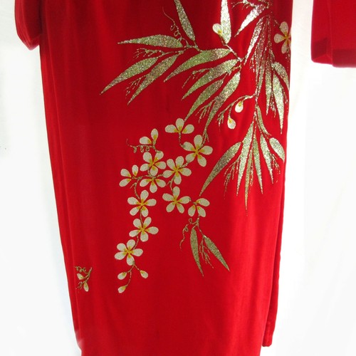 Abito a tunica lunga vintage velluto rosso fiori argento sera Ao Dai Trang XS D857 - Foto 7 di 10