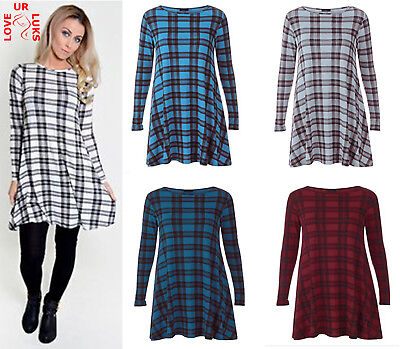 Women Long Sleeve Scoop Neck Flared Tartan Check Skater Swing Mini Dress UK 8-26