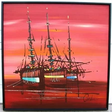 Canduc Oil or Acrylic Painting on Canvas Three Ships Sailboats Red