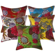 16'' INDIAN CUSHION COVER PILLOW CASE KANTHA WORK FLORAL ETHNIC THROW DECOR ART