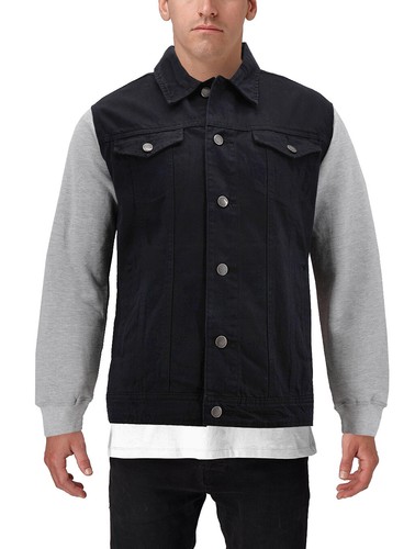 Men's Two Tone Jean And Grey Jersey with Removable Hood Denim Trucker Jacket - Picture 13 of 18