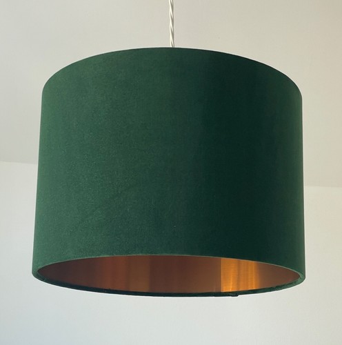 Lampshade Forest Green Velvet Brushed Copper Drum Light Shade - Picture 8 of 12