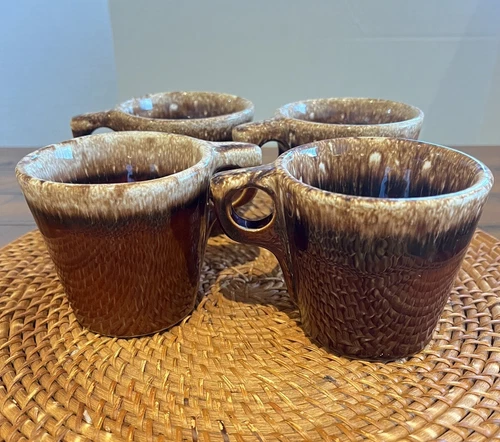 Hull USA Oven Proof Brown Drip Glaze Vintage Coffee Cups  Set of 4