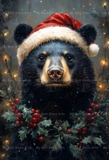 BLACK BEAR SANTA HAT ART PRINT, Holiday Christmas Decor, Grizzly Poster E544