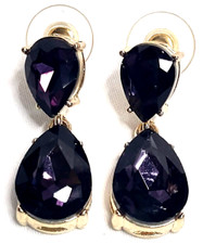 Pierced Earrings Teardrop Shaped Faceted Purple Amethyst Color Dangle Gold Tone