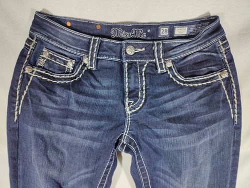 Miss Me Jeans Women 28 Loose Saddle Stitch Border Bootcut Flap Pocket Blue - Picture 2 of 11