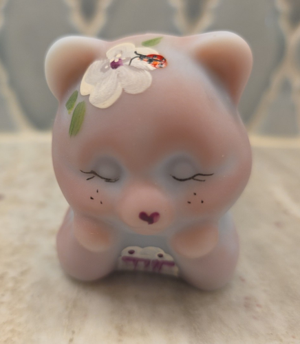 Fenton Girl Bear Figurine Red Ladybug Flower Laying w/Eyes Closed Signed Cutshaw - Picture 7 of 21