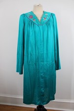 Vtg Shadowline M Teal Green Nylon Embroidered Midi Snap House Coat Robe