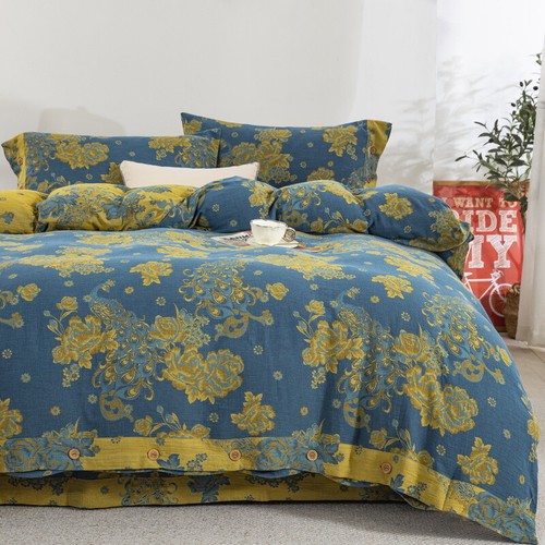 Bedding Set 4pcs 100% Cotton Gauze Jacquard Duvet Cover Flat Sheet 2 Pillowcases - Picture 2 of 32