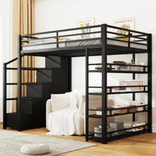 Heavy Duty Metal Loft Bed with Stairs Wardrobe & Storage Shelves Full Bed Frames