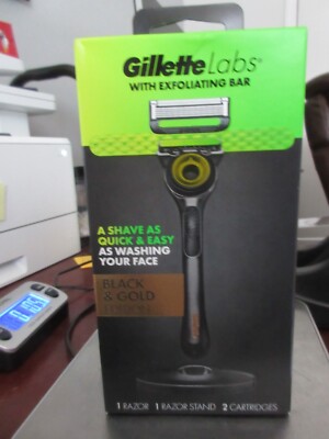 NEW GILLETTE LABS BLACK & GOLD EDITION 1 RAZOR + 1 STAND + 2