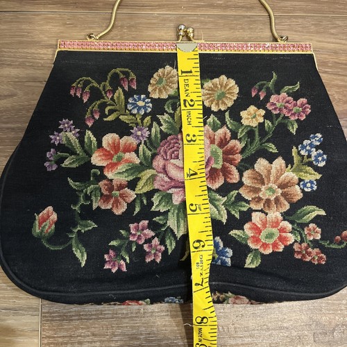 Vintage Tapestry Purse Handbag Black Floral Gold Chain Fabric Kisslock B - Picture 6 of 7