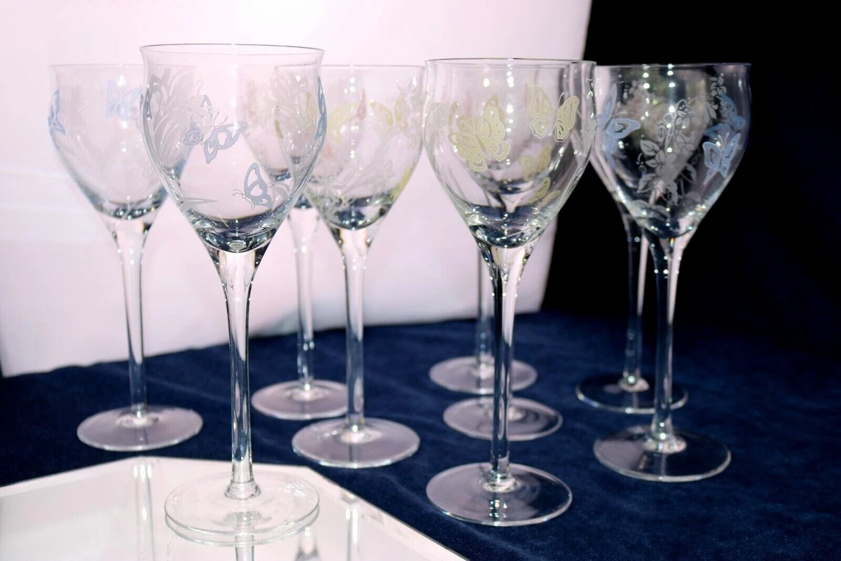 Vintage Givenchy Chateau Crystal Wine Glass es Etch Flower Butterflies Signed