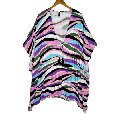 Tahari Womens L Multicolor Striped Caftan Cover Up Tassel Tie Rayon Beach Tunic