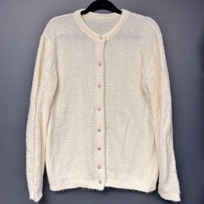 women's vintage XL crew neck long sleeve cardigan ivory button down sweater 