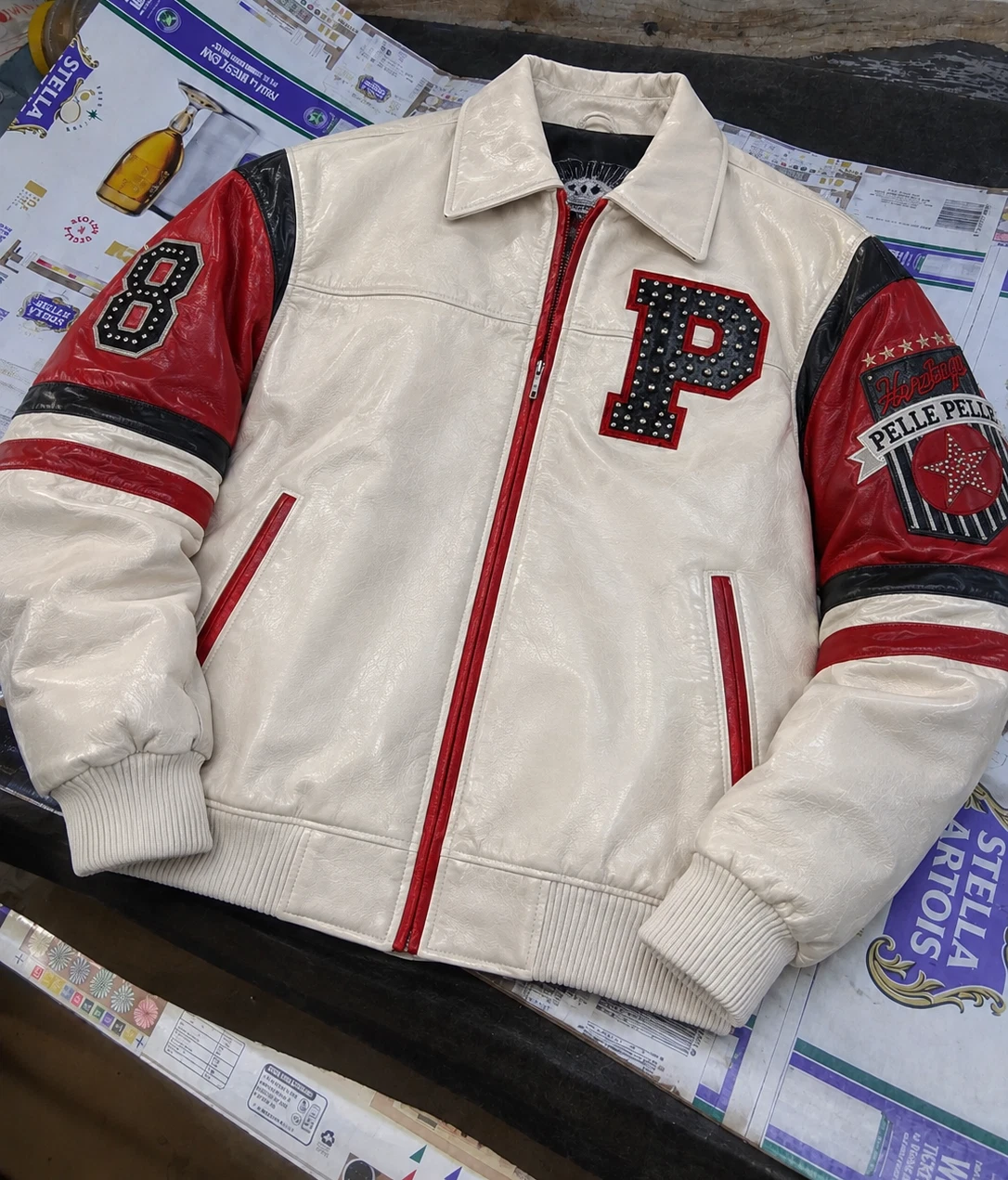 Men’s White and Red Leather Varsity Jacket, Studded Letterman Bomber Jacket image 5